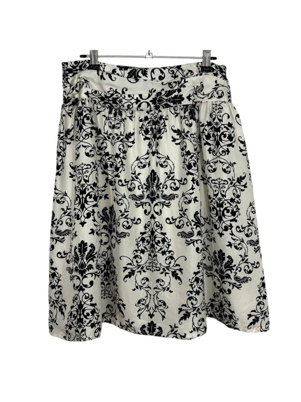 Anne Carson 100% Silk Floral Skirt Sz 4 White Black Damask Knee Length VGUC